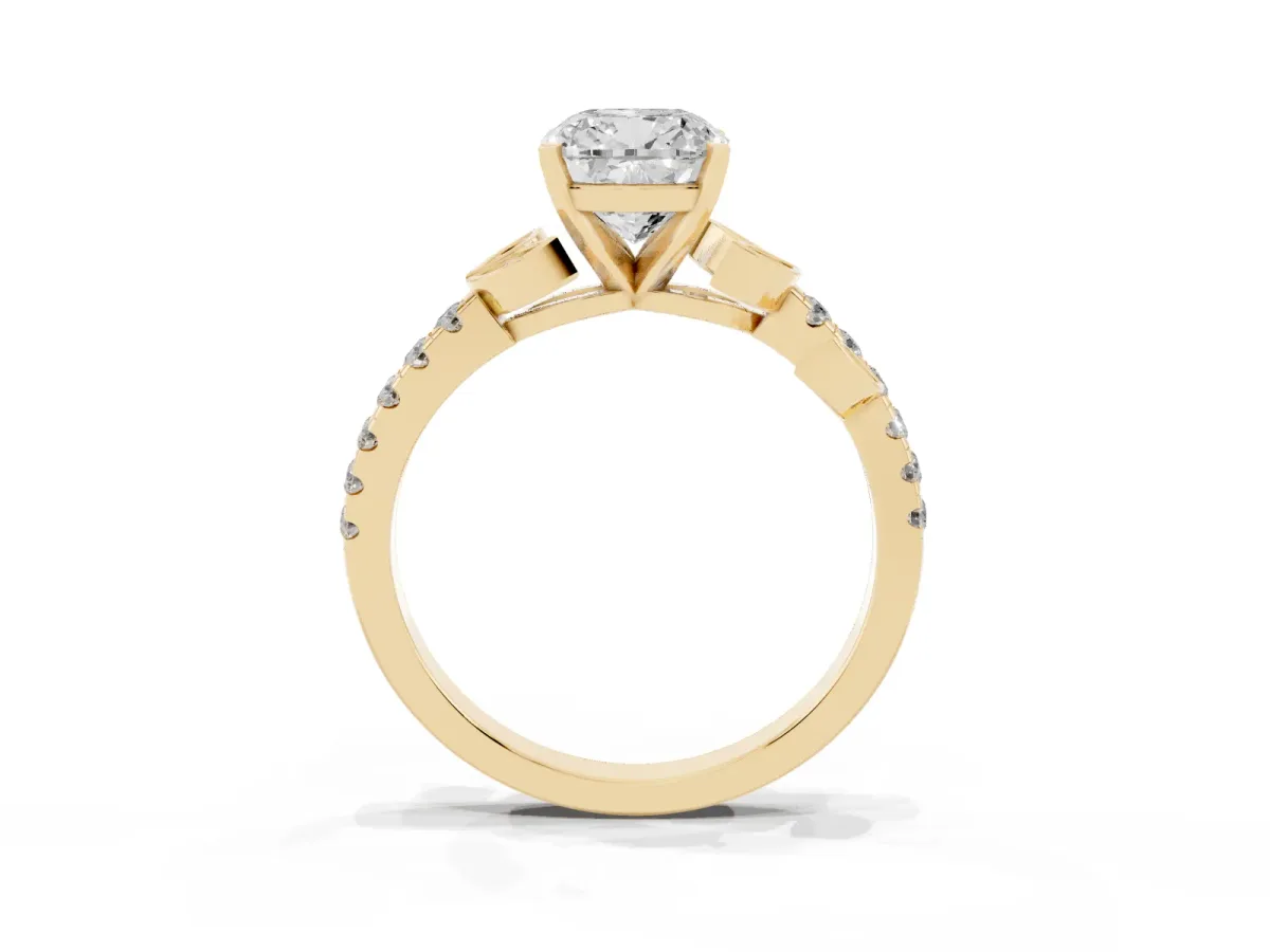 Cushion Cut Solitaire Leaf-Inspired Diamond Ring with Pavé Band and Four-Prong Setting Yellow gold
