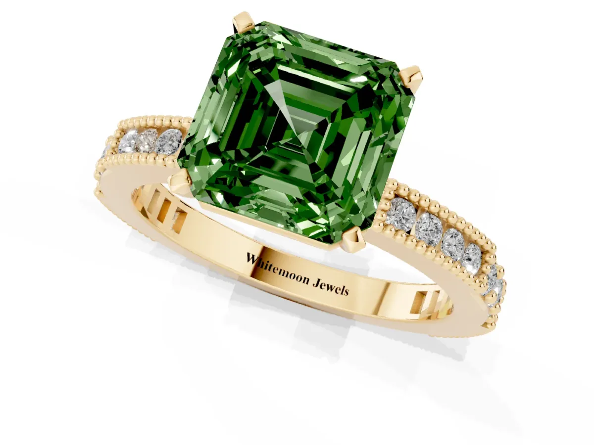 Fancy Green Asscher Cut Solitaire with Pavé Band and Four-Prong Setting Yellow gold