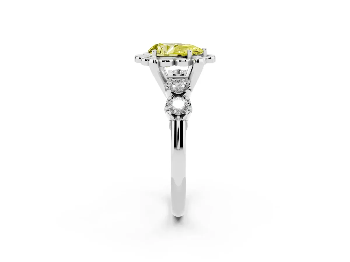 Fancy Yellow Pear Cut Cut Diamond Floral Halo Engagement Ring with Shared Prong Setting Silver
