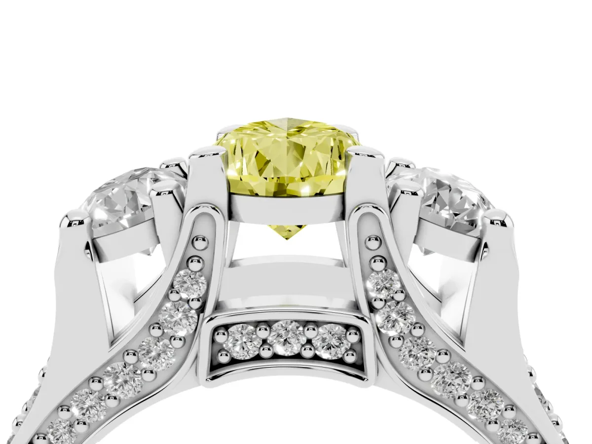 Fancy Yellow Pear Cut Diamond Three-Stone Ring with Channel Set Band and Four-Prong Setting Silver