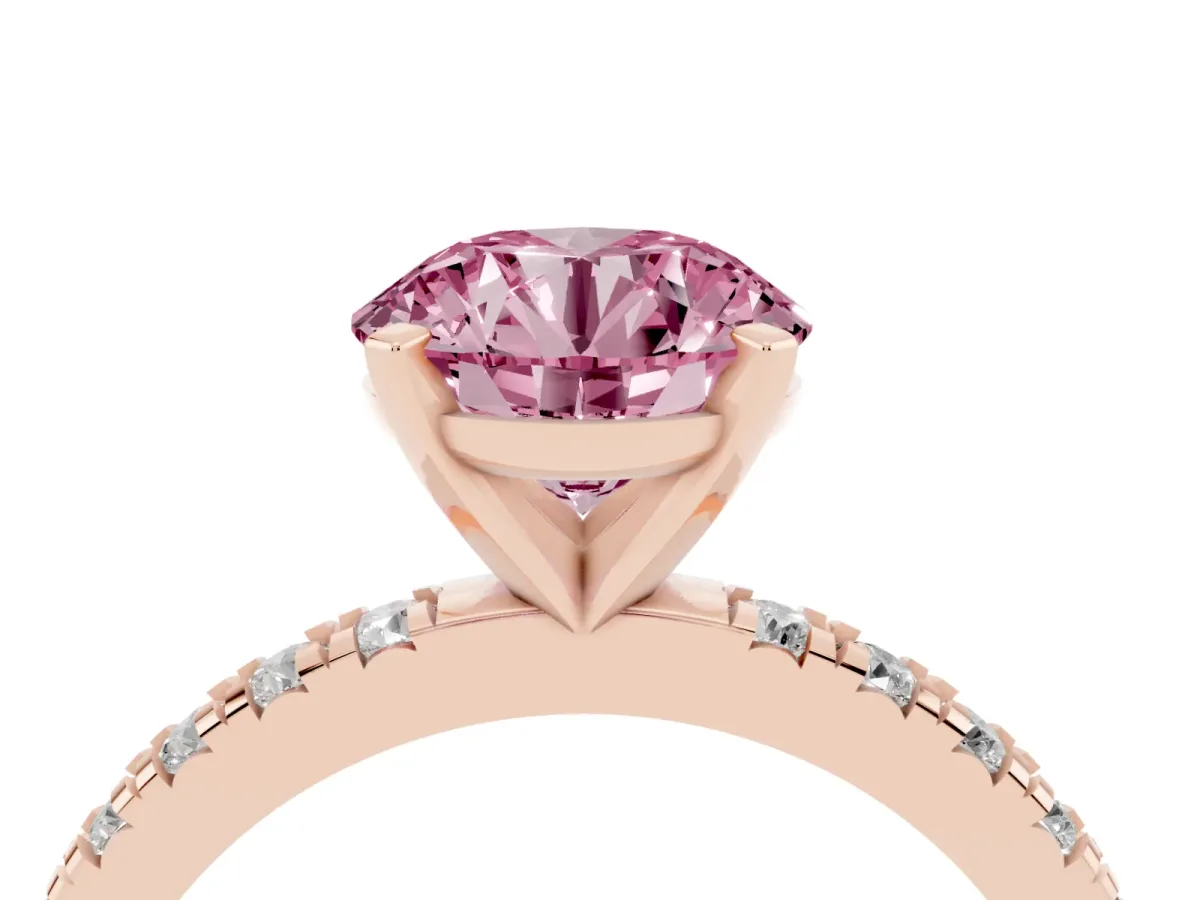 Fancy Pink Round Cut Diamond Pavé Band Solitaire with Four-Prong Setting Rose gold