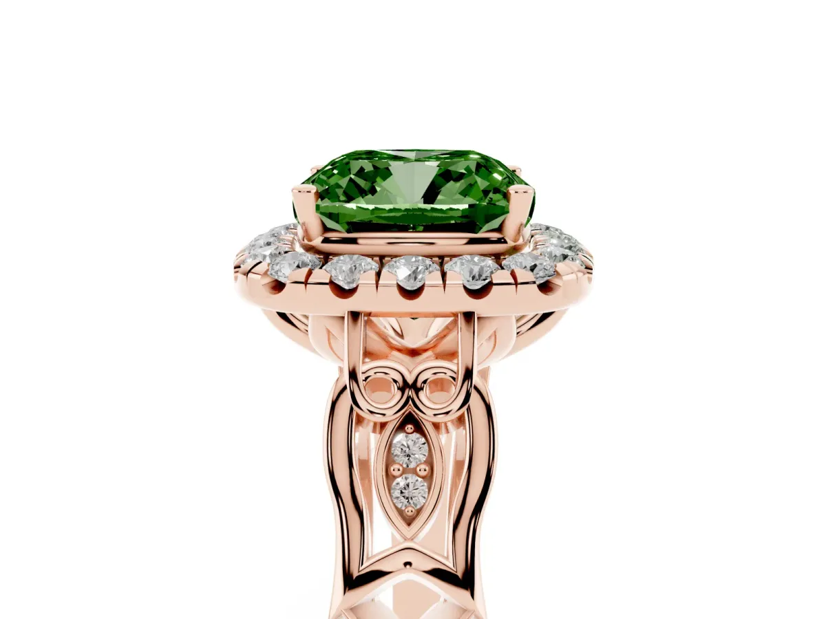 Fancy Green Cushion Cut Halo Diamond Engagement Ring with Filigree Band and Four-Prong Setting Rose gold