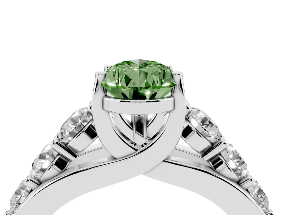 Fancy Green Pear Cut Diamond Engagement Ring with Pavé Band and Four-Prong Setting White gold