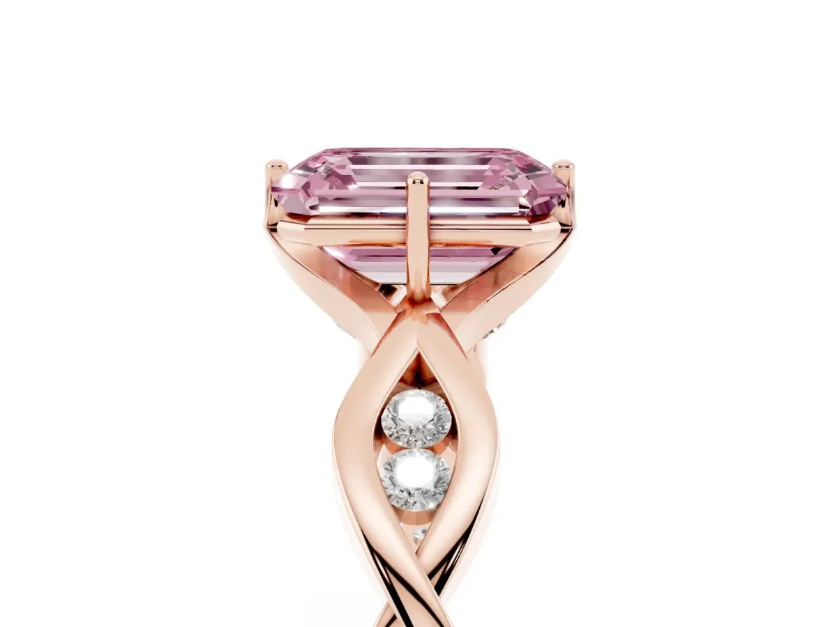 Fancy Pink Emerald Cut Solitaire Twist Band with Leaf Prong Setting Rose gold