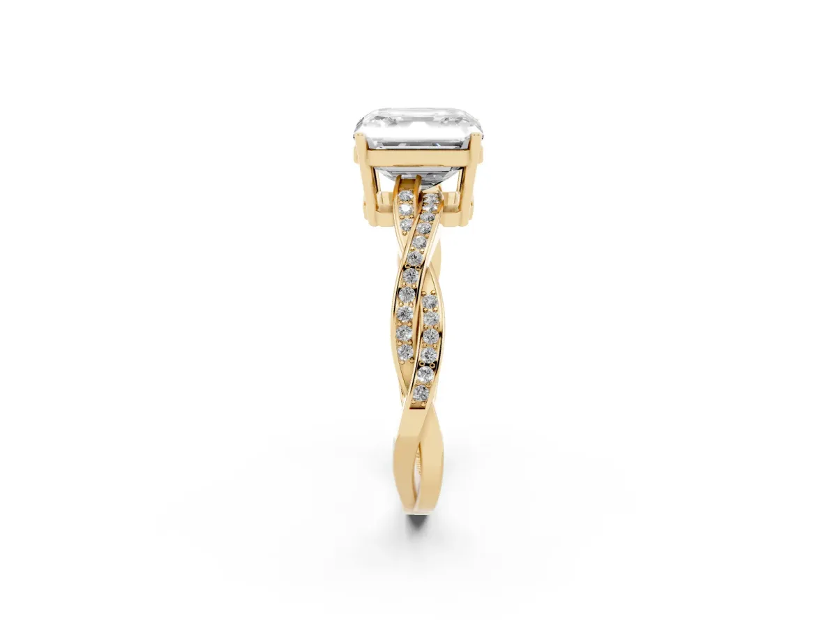 Asscher Cut Solitaire Twisted Pave Diamond Ring with Four-Prong Setting Yellow gold