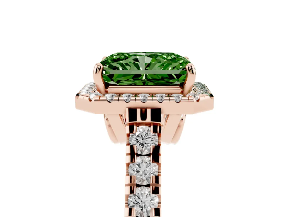 Fancy Green Radiant Cut Halo Pavé Diamond Engagement Ring with Four-Prong Setting Rose gold