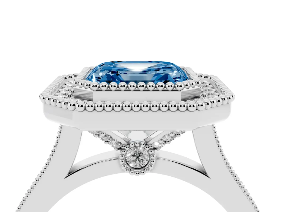 Fancy Blue Asscher Cut Diamond Halo Ring with Milgrain Frame and Pavé Band Platinum