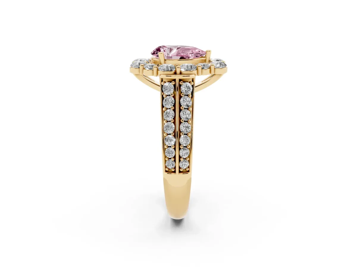 Fancy Pink Pear Cut Halo Diamond Engagement Ring with Split Shank and Prong Setting Yellow gold