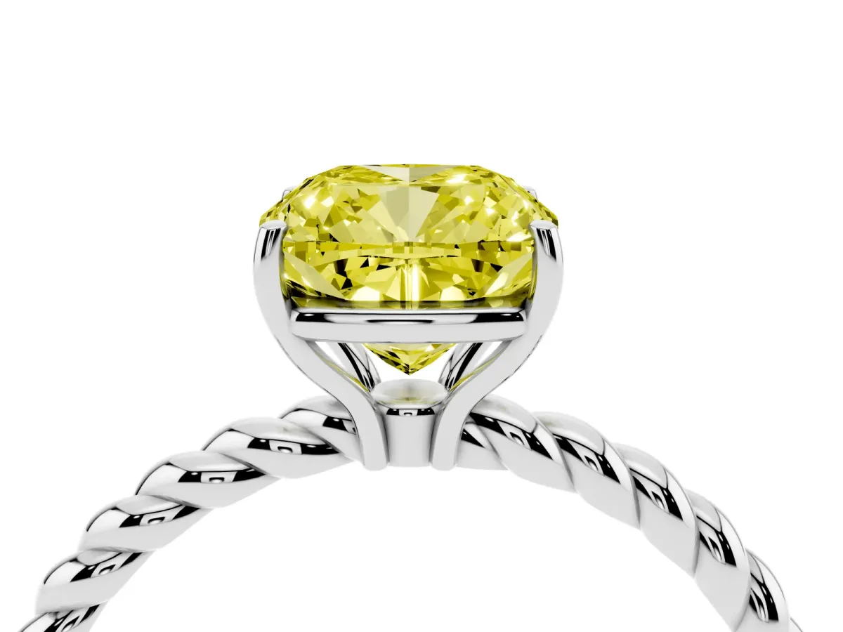 Fancy Yellow Cushion Cut Solitaire Twist Band Ring with Four-Prong Setting Platinum