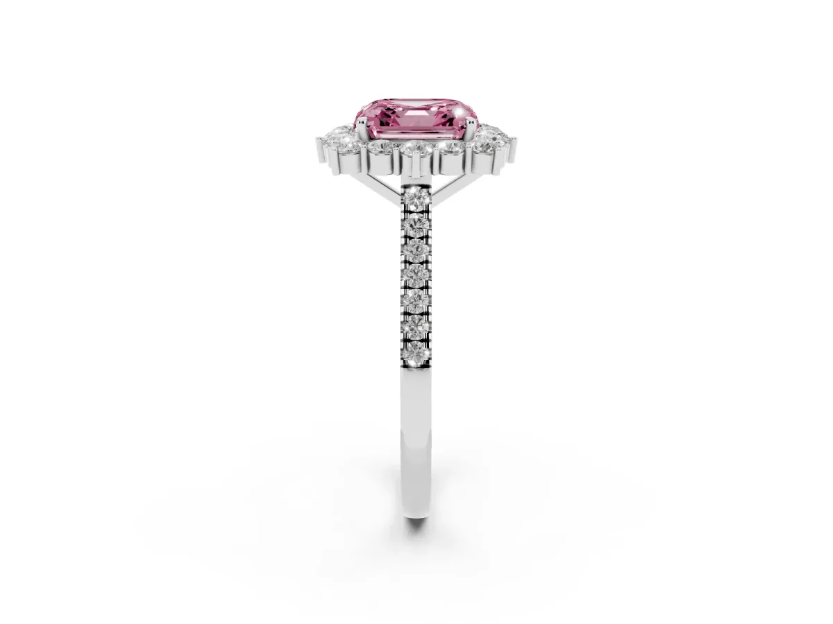 Fancy Pink Asscher Cut Halo Diamond Ring with Pavé Band and Prong Setting Silver