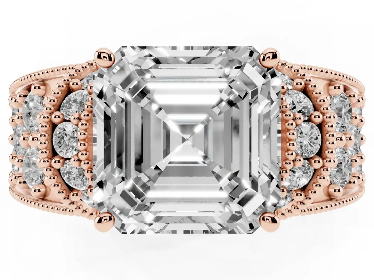 Asscher Cut Halo Pave Diamond Engagement Ring with Milgrain Detailing Rose gold