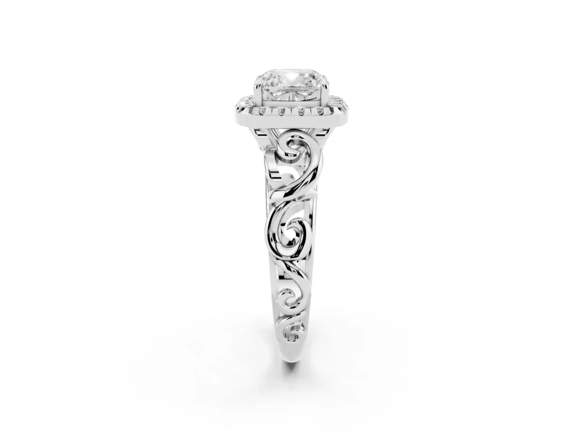 Cushion Cut Cut Halo Diamond Ring with Scrollwork Band and Four-Prong Setting Platinum