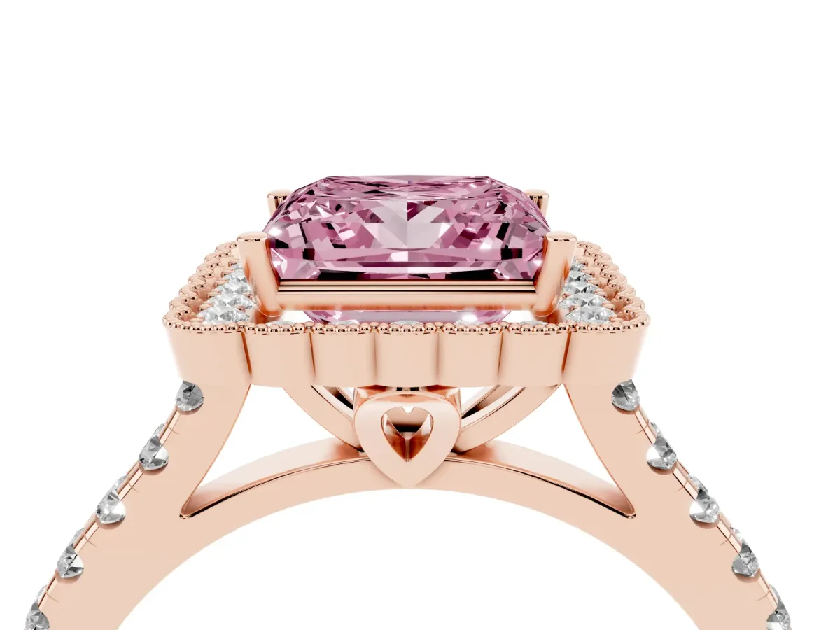 Fancy Pink Princess Cut Cut Diamond Milgrain Floral Halo Engagement Ring with Pavé Band Rose gold