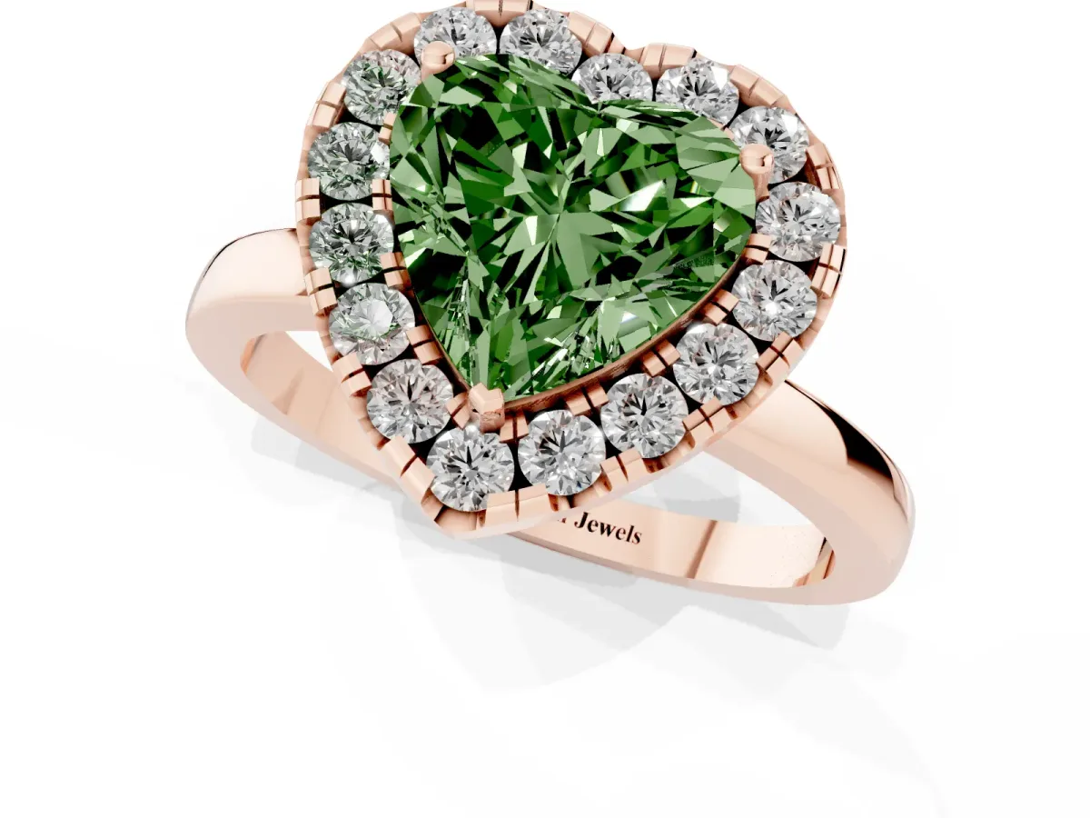 Fancy Green Heart Cut Halo Diamond Solitaire with Pavé Band and Four-Prong Setting Rose gold