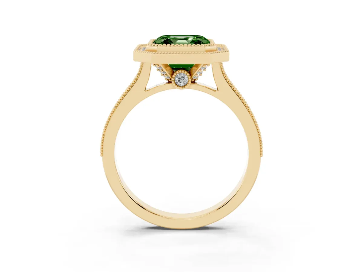 Fancy Green Halo Asscher Cut-Cut Diamond Pave Band Milgrain Prong Setting Ring Yellow gold
