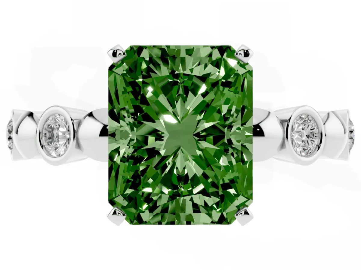 Fancy Green Radiant Cut Solitaire Bezel-Set Diamond Ring with Beaded Band and Four-Prong Setting Silver