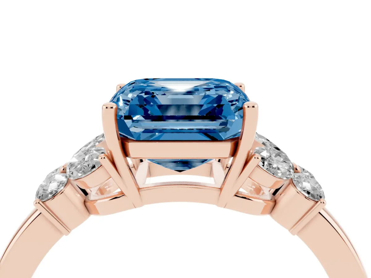 Fancy Blue Asscher Cut Cut Solitaire Floral Diamond Ring with Four-Prong Setting Rose gold