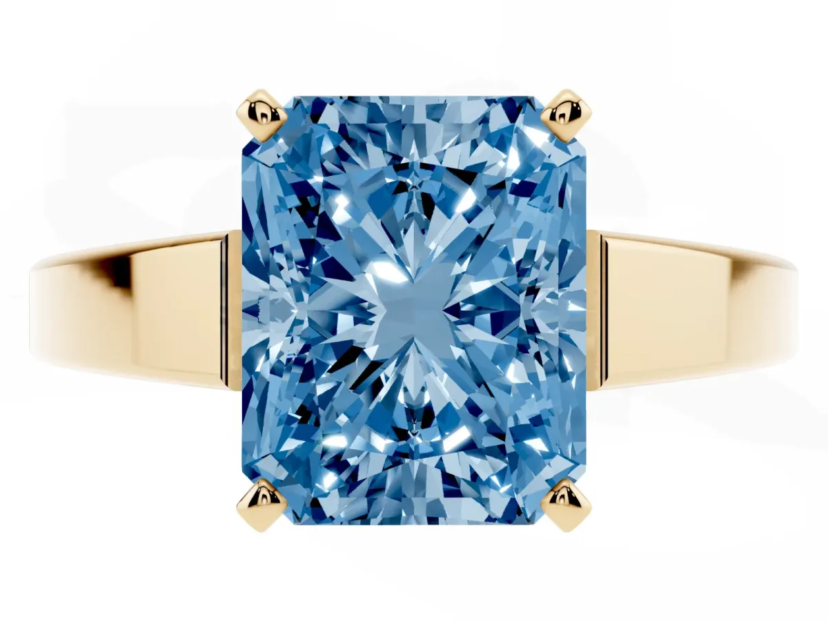 Fancy Blue Radiant Cut Solitaire Engagement Ring with Four-Prong Setting and Tapered Band Yellow gold