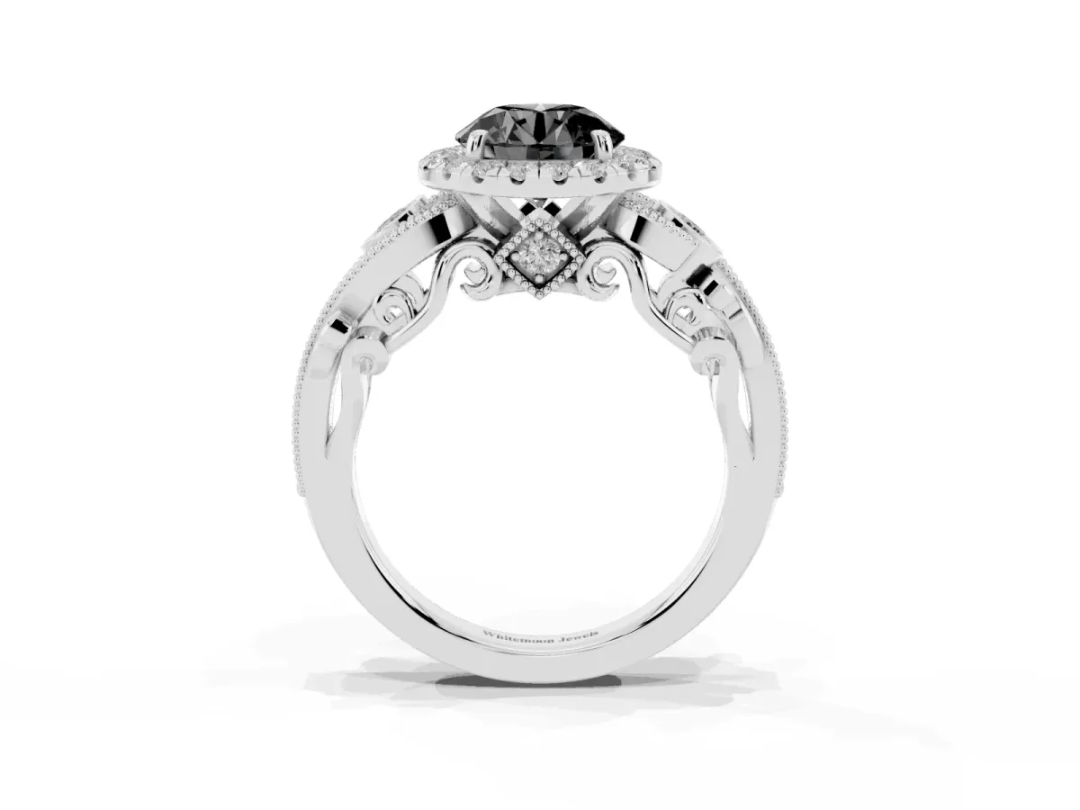 Fancy Black Round Cut Halo Diamond Ring with Milgrain and Bezel Accents on a Split Shank Band Platinum