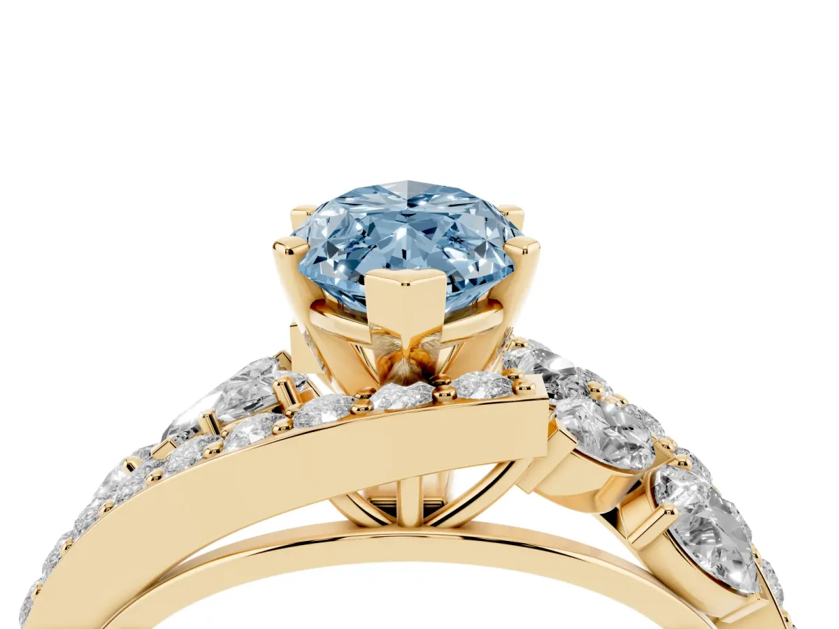 Fancy Blue Marquise Cut Diamond Halo Ring with Marquise and Pavé Band in Prong Setting Yellow gold
