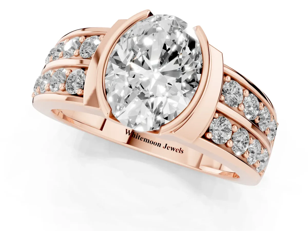 Oval Cut Brilliant Diamond Channel Set Wide Band Ring with Bezel Setting Rose gold