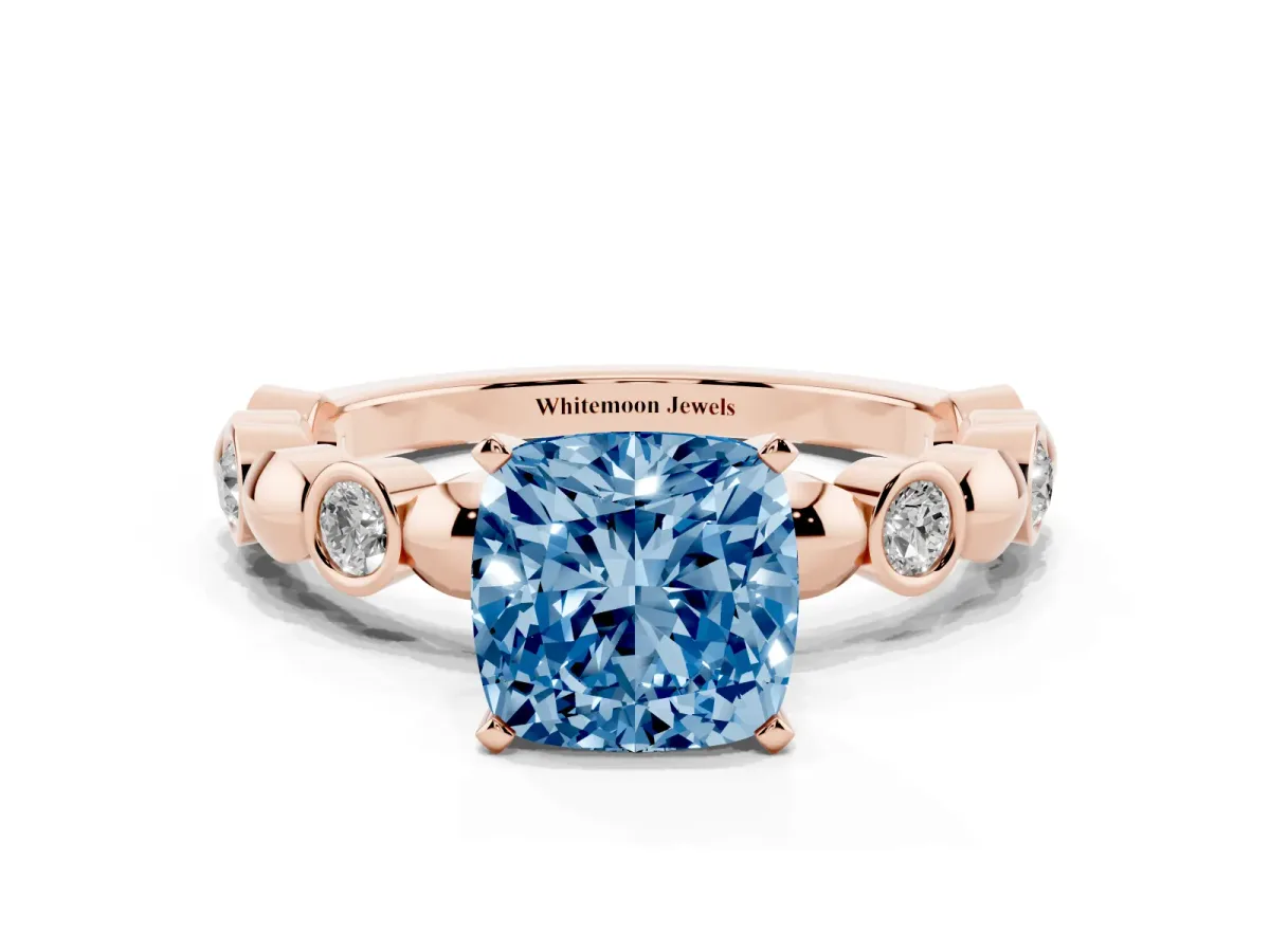 Fancy Blue Cushion Cut Solitaire Bezel-Set Diamond Ring with Beaded Band and Four-Prong Setting Rose gold