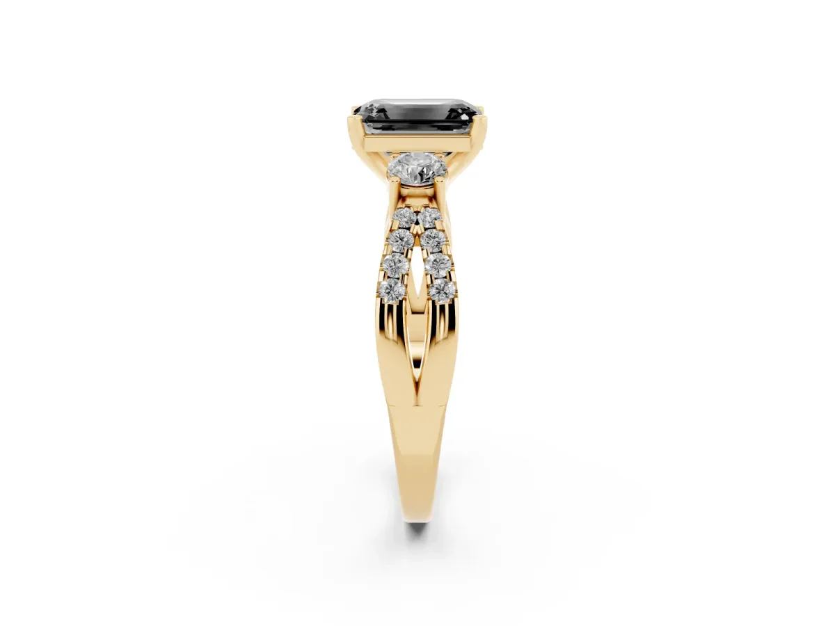 Fancy Black Emerald Cut Diamond Three-Stone Ring with Pavé Split Shank and Four-Prong Setting Yellow gold