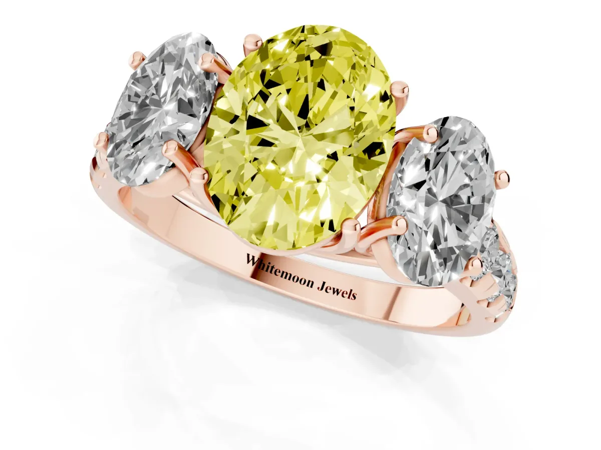 Fancy Yellow Three-Stone Oval Cut Diamond Pavé Band with Prong Setting Rose gold