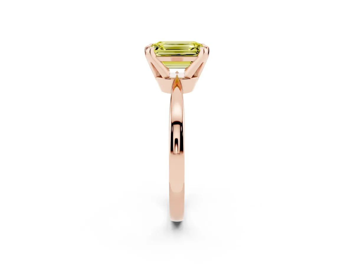 Fancy Yellow Emerald Cut Solitaire Engagement Ring with Six-Prong Setting and Tapered Band Rose gold