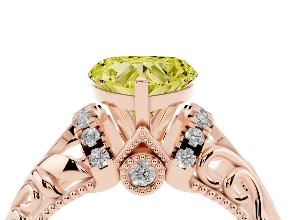 Fancy Yellow Heart Cut Solitaire Filigree Engagement Ring with Halo and Prong Setting Rose gold