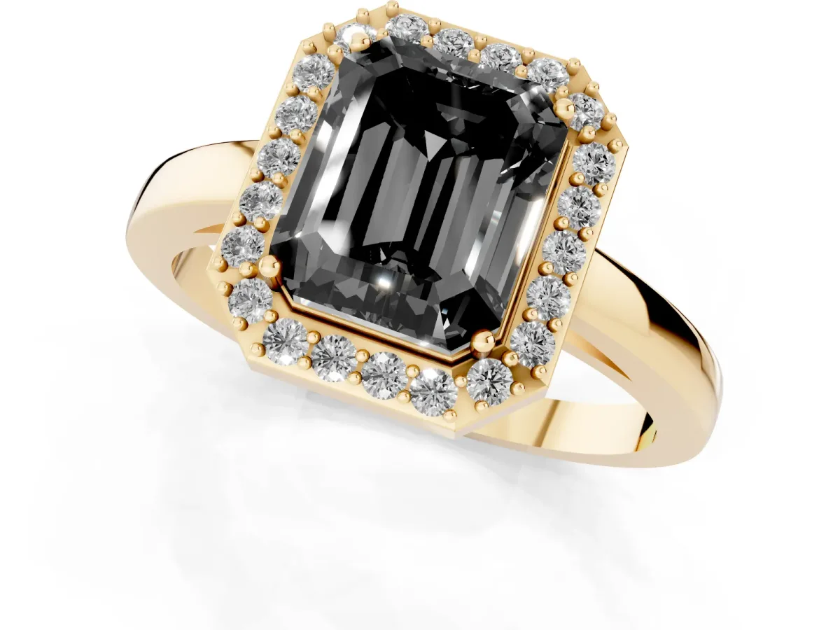 Fancy Black Radiant Cut Halo Diamond Ring with Solitaire Band and Prong Setting Yellow gold