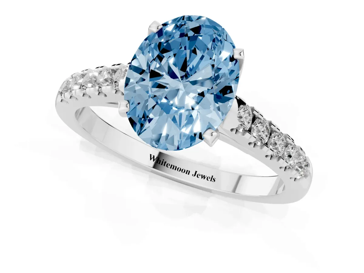 Fancy Blue Oval Cut Diamond Pavé Band Solitaire Ring with Prong Setting Platinum