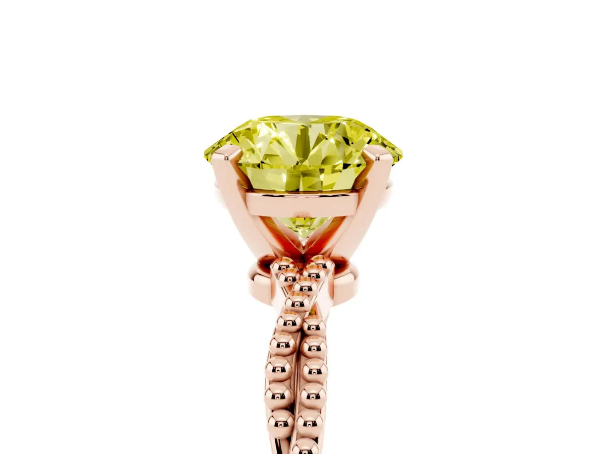 Fancy Yellow Round Cut Solitaire Twisted Band with Bead Prong Setting Rose gold