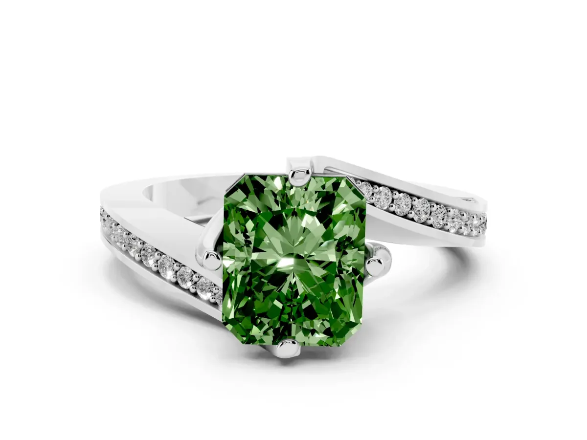 Fancy Green Radiant Cut Solitaire Diamond Twist Band with Pavé Setting and Four-Prong Setting Silver