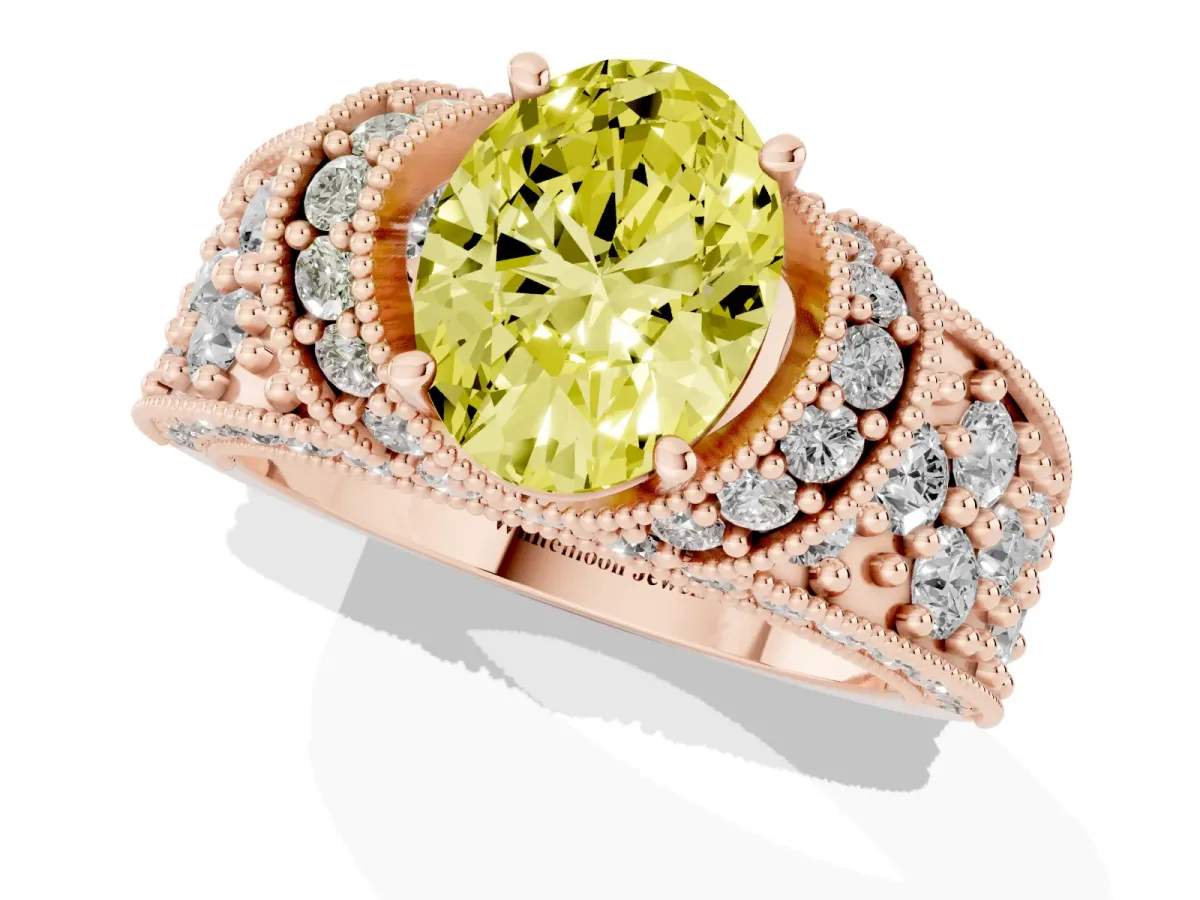 Fancy Yellow Oval Cut Halo Pave Diamond Engagement Ring with Milgrain Detailing Rose gold