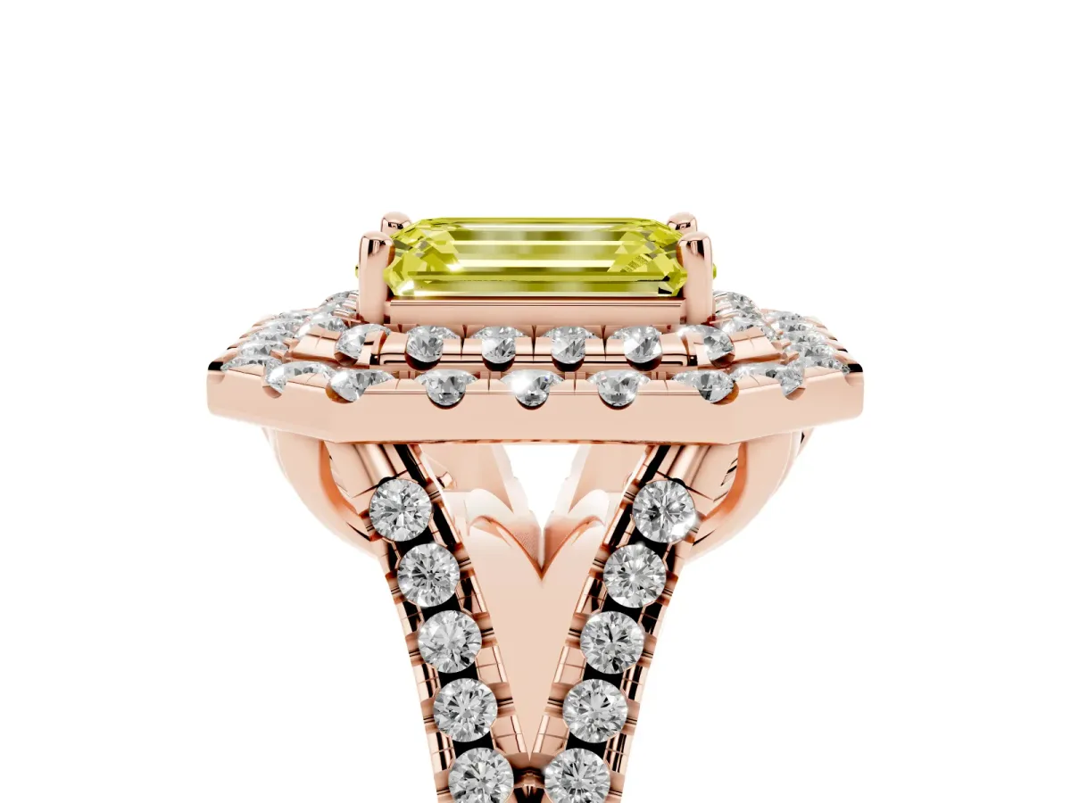 Fancy Yellow Double Halo Emerald Cut Diamond Pavé Split Shank Ring with Prong Setting Rose gold