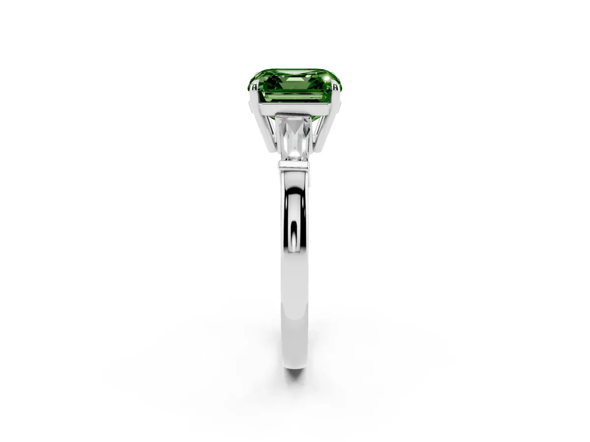 Fancy Green Asscher Cut Diamond Three-Stone Ring with Tapered Baguette Side Stones and Prong Setting Silver