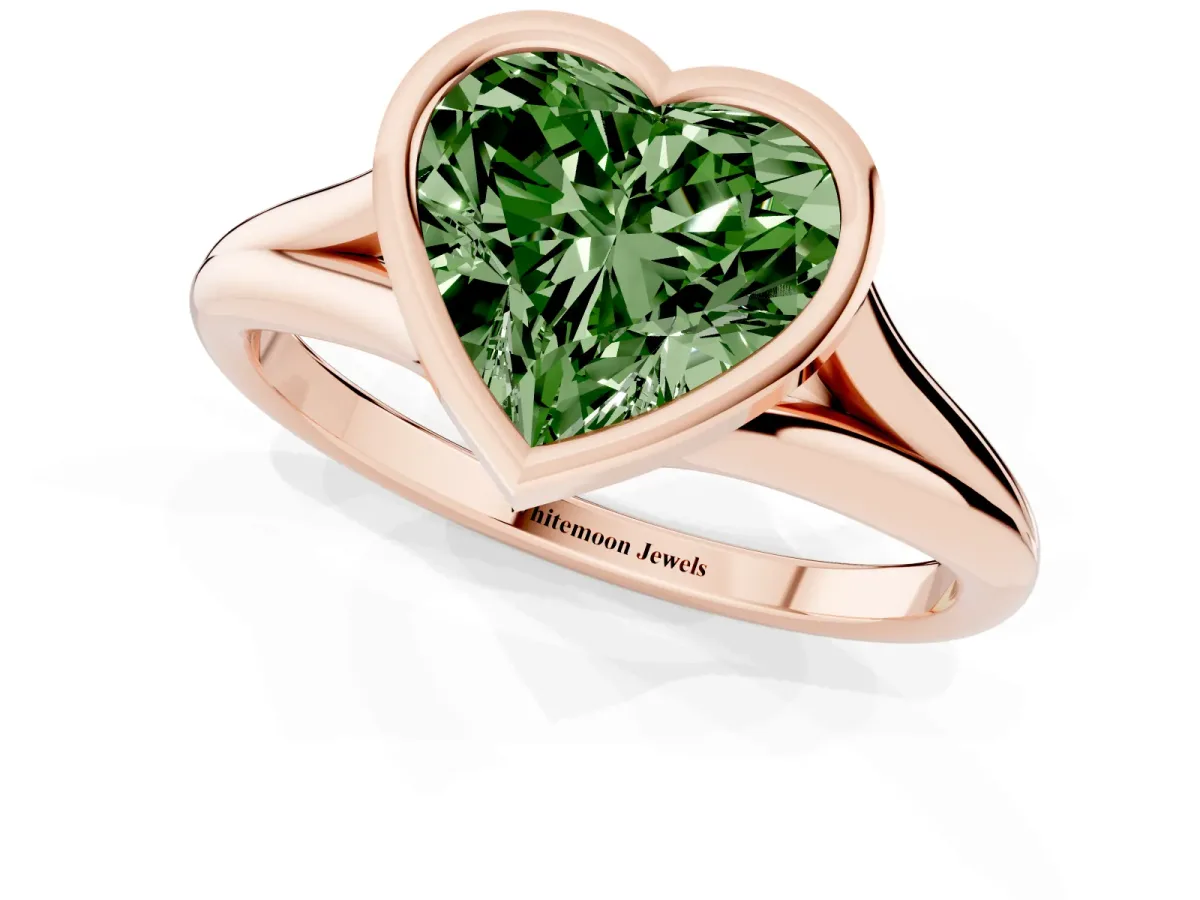Fancy Green Bezel Set Heart Cut Cut Solitaire Ring with Tapered Band Rose gold