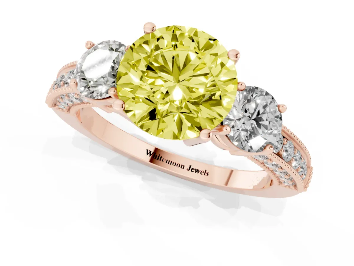Fancy Yellow Round Cut Three-Stone Diamond Ring with Pavé Band and Four-Prong Setting Rose gold