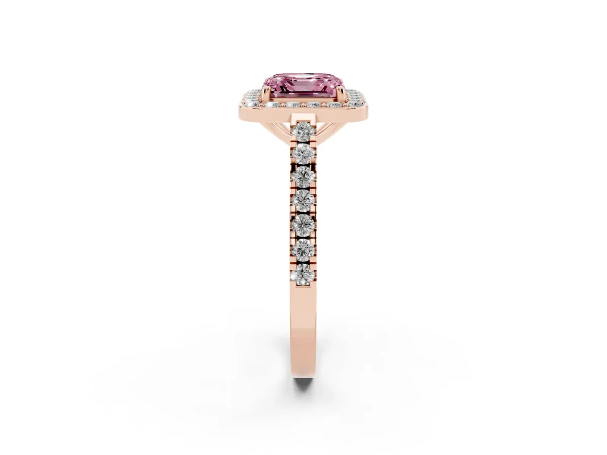 Fancy Pink Asscher Cut Diamond Halo Ring with Round Pavé Split Shank and Prong Setting Rose gold