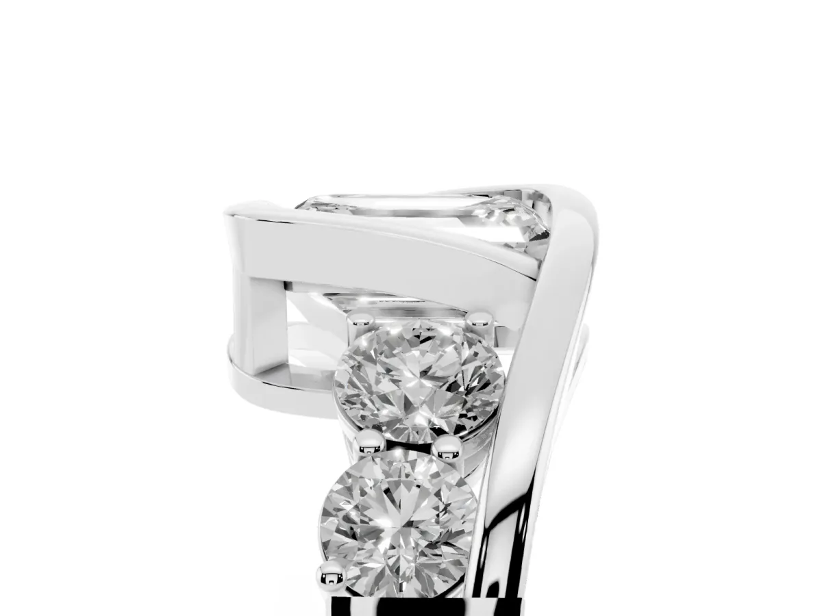 Bezel Set Emerald Cut Diamond Bypass Ring with Round Accents Silver
