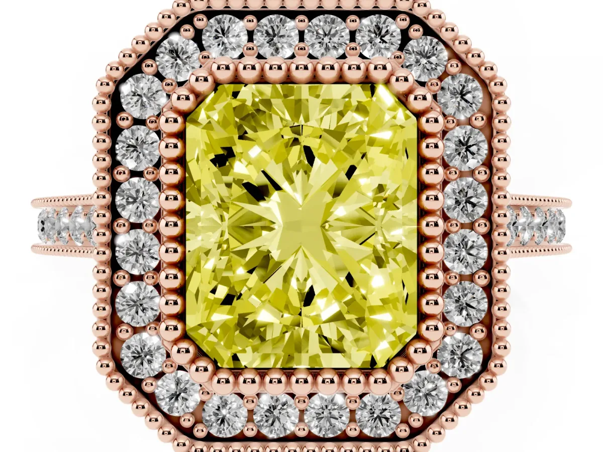Fancy Yellow Radiant Cut Diamond Halo Ring with Milgrain Frame and Pavé Band Rose gold