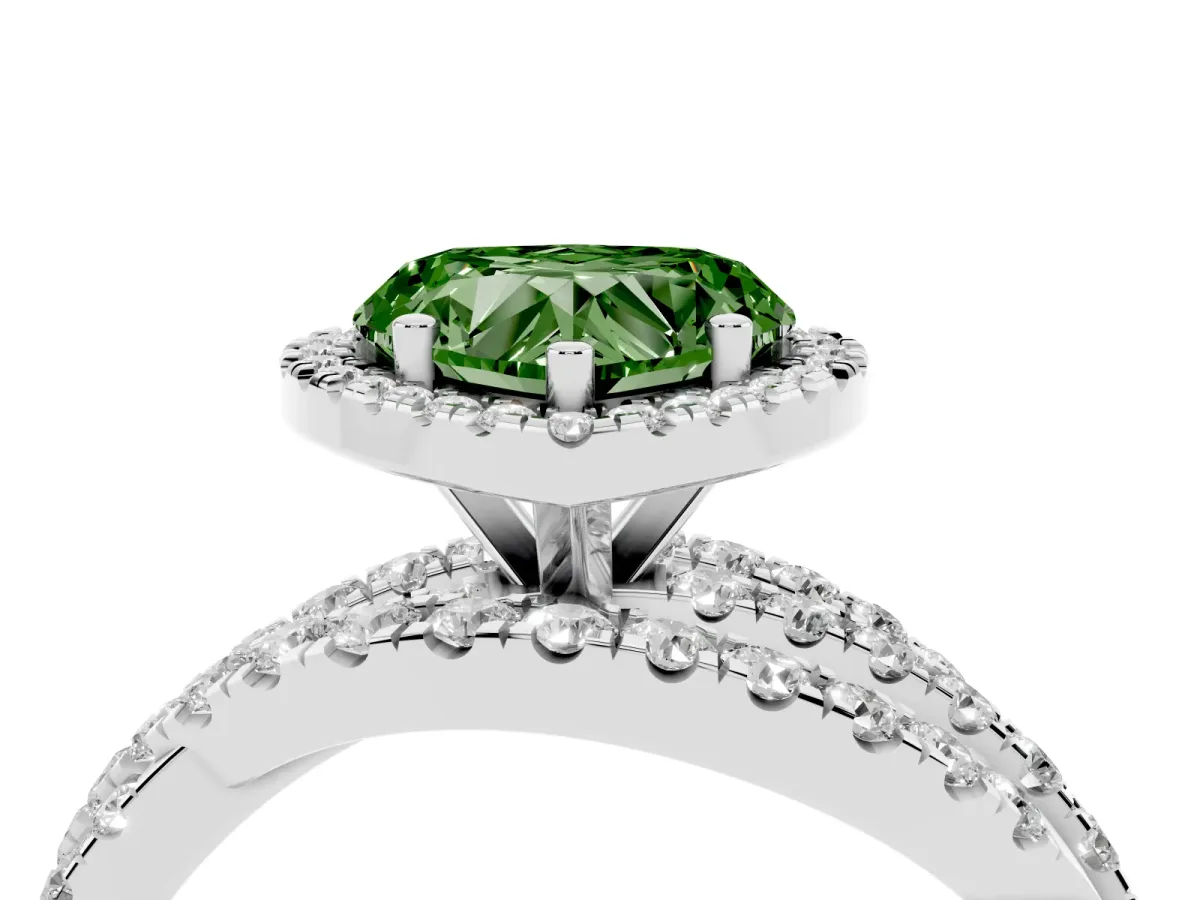 Fancy Green Heart Cut Diamond Halo Ring with Round Split Shank and Prong Setting Silver