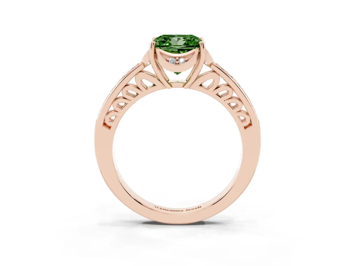 Fancy Green Princess Cut Cut Halo Diamond Ring with Channel Set Band and Four-Prong Setting Rose gold