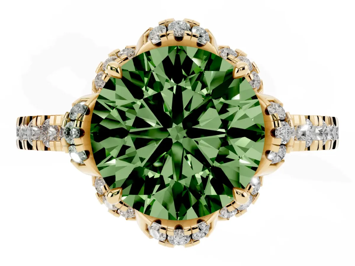 Fancy Green Round Cut Diamond Halo Pave Band with Four-Prong Setting Yellow gold