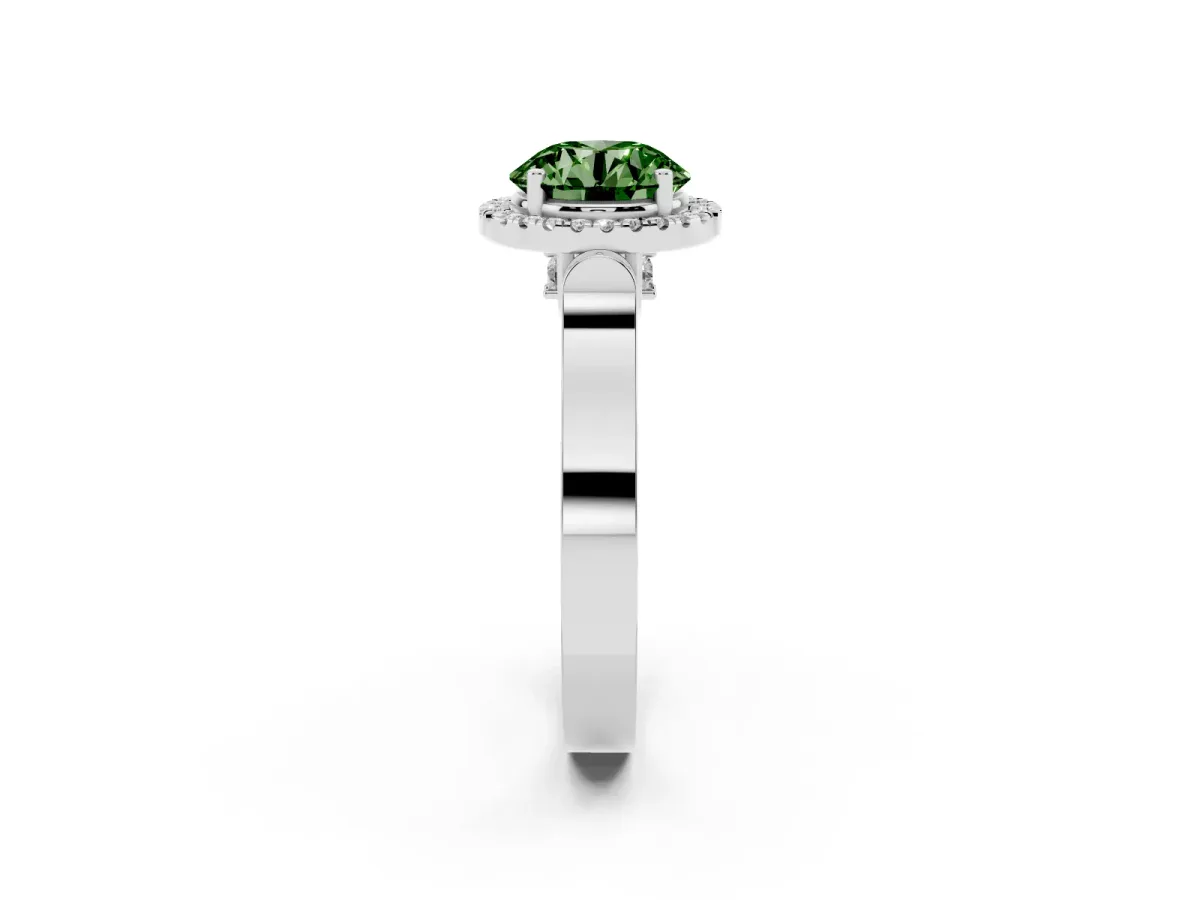 Fancy Green Round Cut Halo Round Diamond Twist Band with Four-Prong Setting White gold