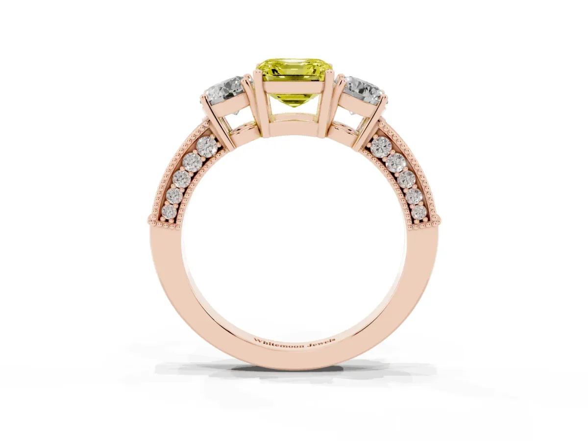Fancy Yellow Asscher Cut Three-Stone Diamond Ring with Pavé Band and Four-Prong Setting Rose gold