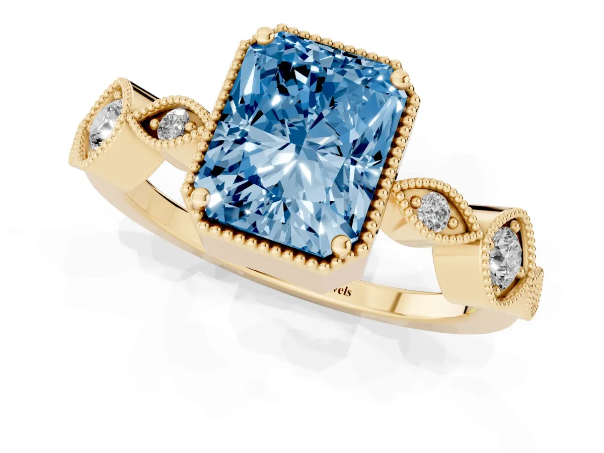 Fancy Blue Radiant Cut Diamond Vintage Milgrain Ring with Round Stations Yellow gold