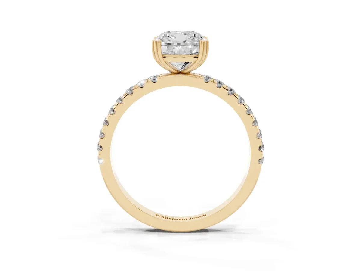 Cushion Cut Brilliant Solitaire with Pavé Band and Claw Prong Setting Yellow gold