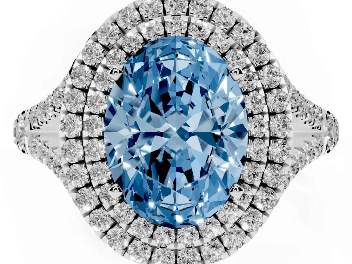 Fancy Blue Oval Cut Cut Double Halo Split Shank Diamond Ring with Prong Setting Silver